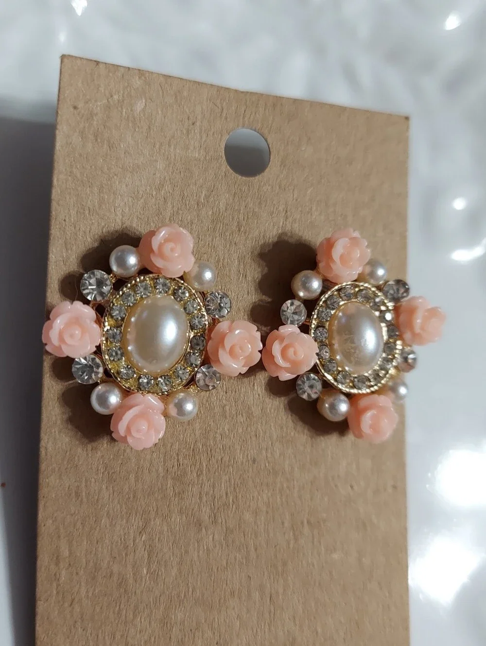 Textured Gold Tone/Peach Roses, Faux Pearls & Faceted Cut Crystal Earrings